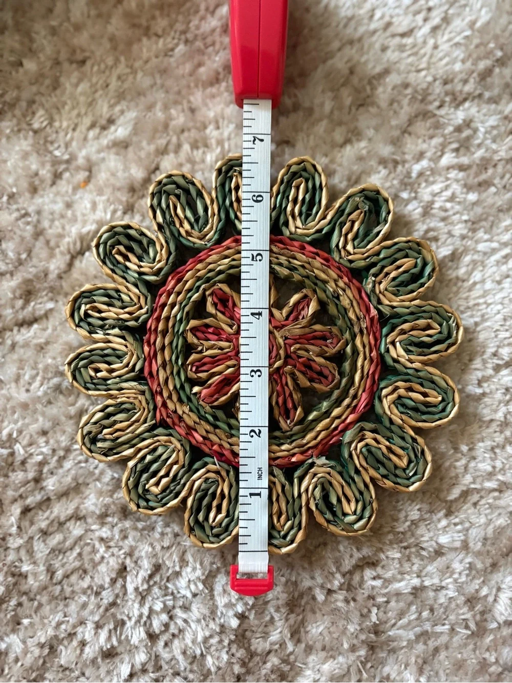 Handwoven Green, Tan & Red Floral Straw Accent Mat